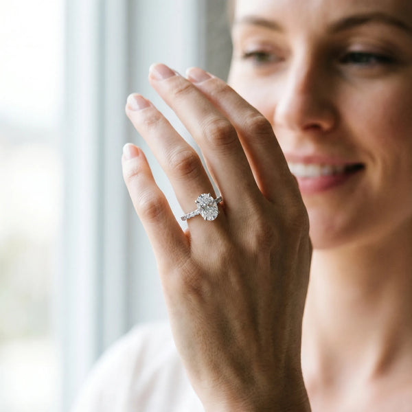 White Gold Oval Solitaire Engagement Ring Setting with Slim Fine Pave Band