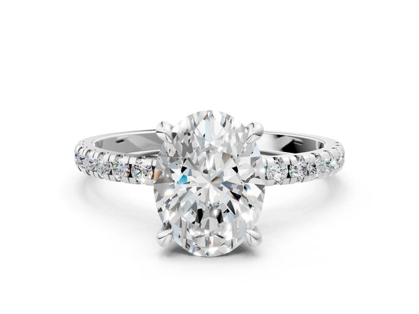 White Gold Oval Solitaire Engagement Ring Setting with Slim Fine Pave Band