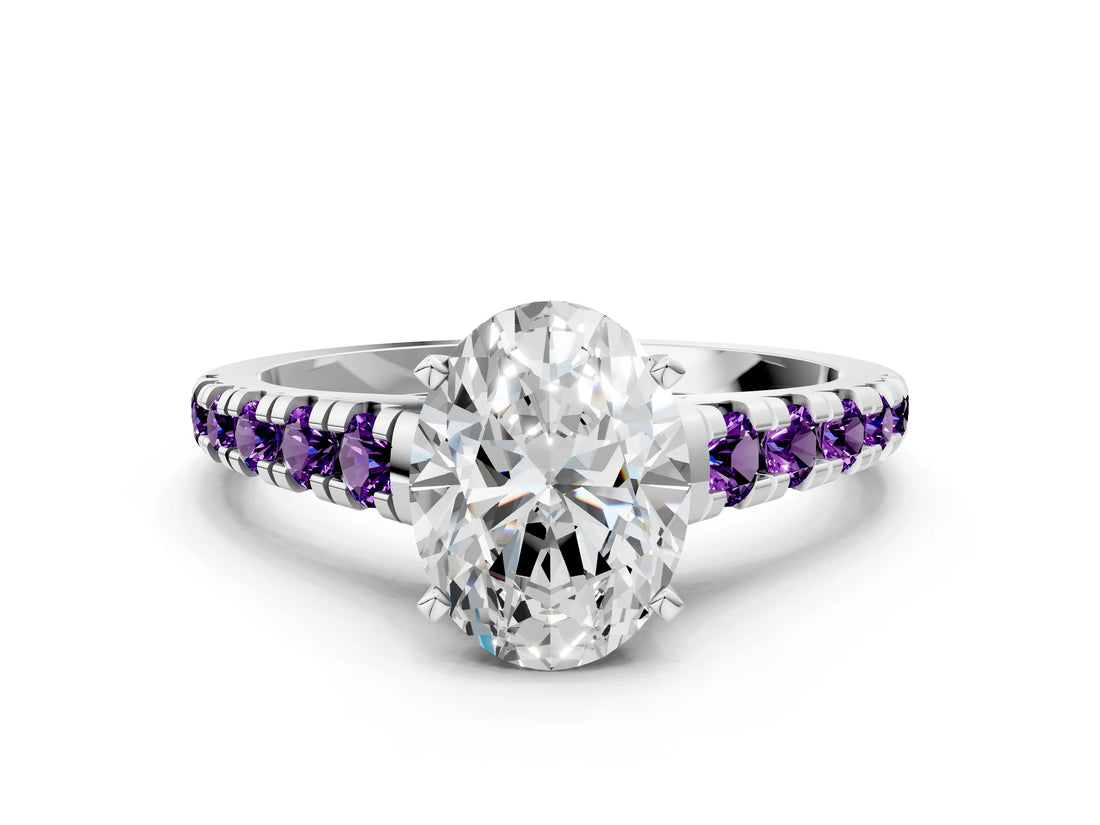White gold Oval Cut Diamond Cathedral Solitaire Ring with Round with Amethyst side stone Pavé Band