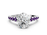 White gold Oval Cut Diamond Cathedral Solitaire Ring with Round with Amethyst side stone Pavé Band