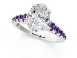 White gold Oval Cut Diamond Cathedral Solitaire Ring with Round with Amethyst side stone Pavé Band_1