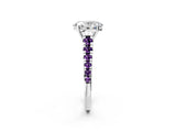 White gold Oval Cut Diamond Cathedral Solitaire Ring with Round with Amethyst side stone Pavé Band_14