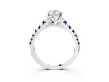 White gold Oval Cut Diamond Cathedral Solitaire Ring with Round with Amethyst side stone Pavé Band_3
