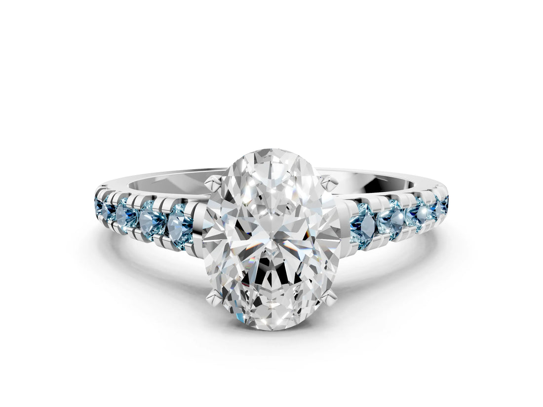 White gold Oval Cut Diamond Cathedral Solitaire Ring with Round with Aquamarine side stone Pavé Band_12