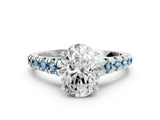 White gold Oval Cut Diamond Cathedral Solitaire Ring with Round with Aquamarine side stone Pavé Band_12