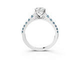 White gold Oval Cut Diamond Cathedral Solitaire Ring with Round with Aquamarine side stone Pavé Band_15