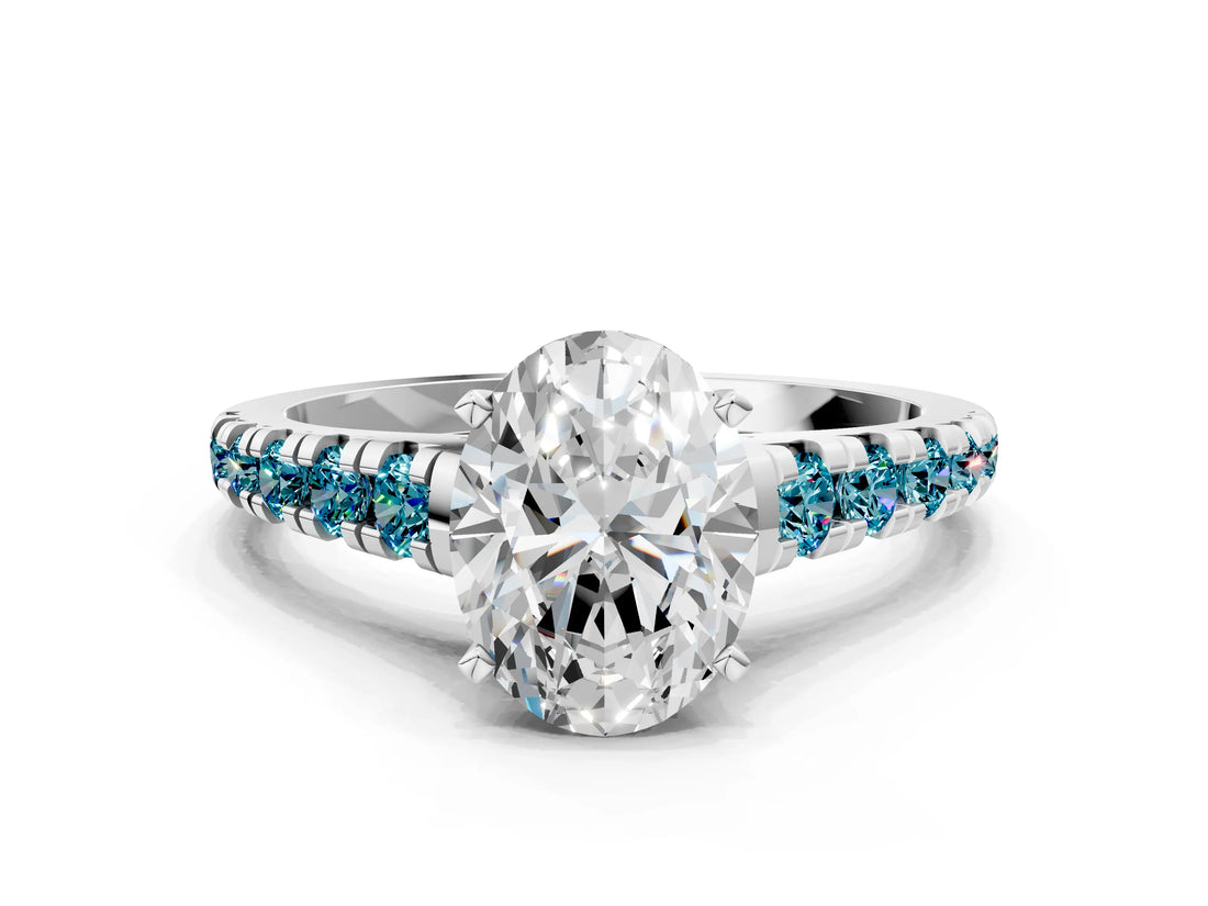 White gold Oval Cut Diamond Cathedral Solitaire Ring with Round with Blue Topaz side stone Pavé Band