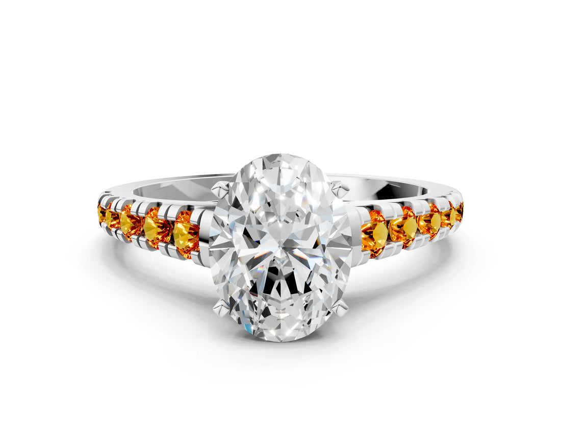 White gold Oval Cut Diamond Cathedral Solitaire Ring with Round with Citrine side stone Pavé Band_24