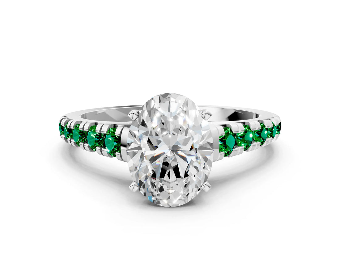 White gold Oval Cut Diamond Cathedral Solitaire Ring with Round with Emerald side stone Pavé Band