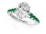White gold Oval Cut Diamond Cathedral Solitaire Ring with Round with Emerald side stone Pavé Band_1