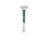 White gold Oval Cut Diamond Cathedral Solitaire Ring with Round with Emerald side stone Pavé Band_2