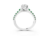 White gold Oval Cut Diamond Cathedral Solitaire Ring with Round with Emerald side stone Pavé Band_3