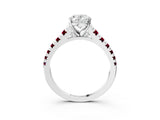 White gold Oval Cut Diamond Cathedral Solitaire Ring with Round with Garnet side stone Pavé Band_3