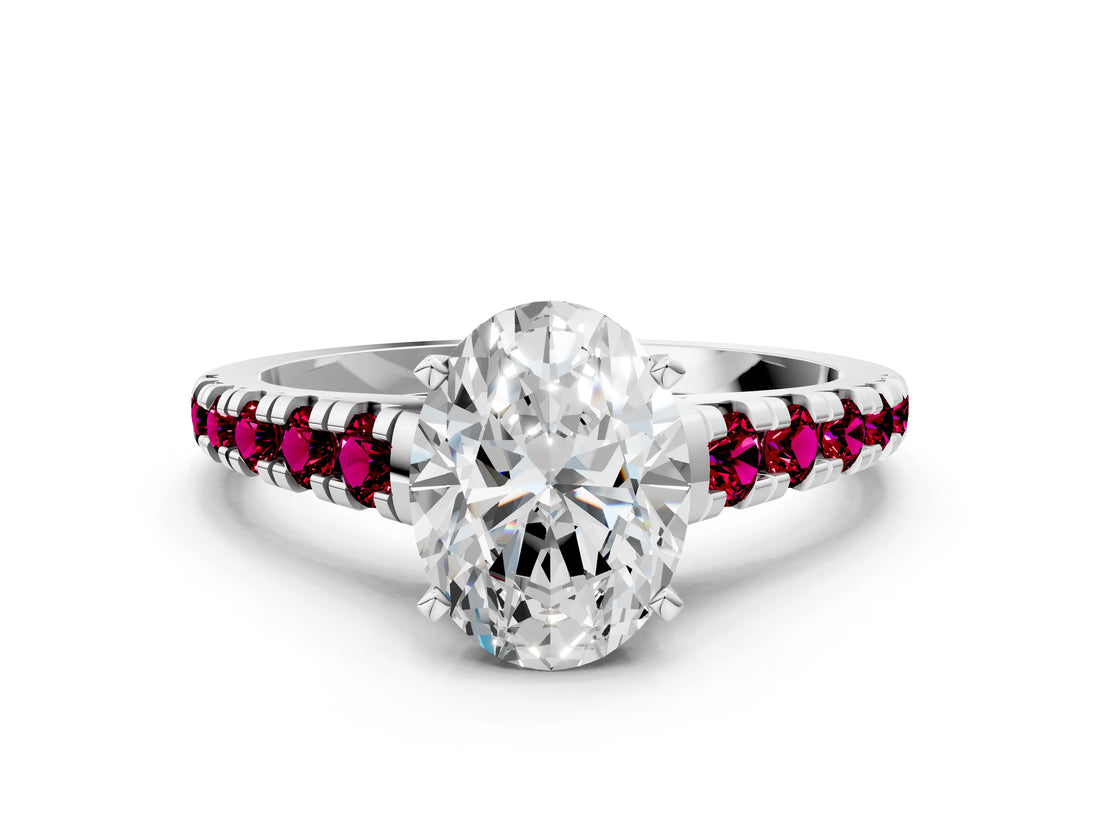 White gold Oval Cut Diamond Cathedral Solitaire Ring with Round with Garnet side stone Pavé Band