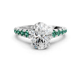 White gold Oval Cut Diamond Cathedral Solitaire Ring with Round with Green Sapphire side stone Pavé Band_12