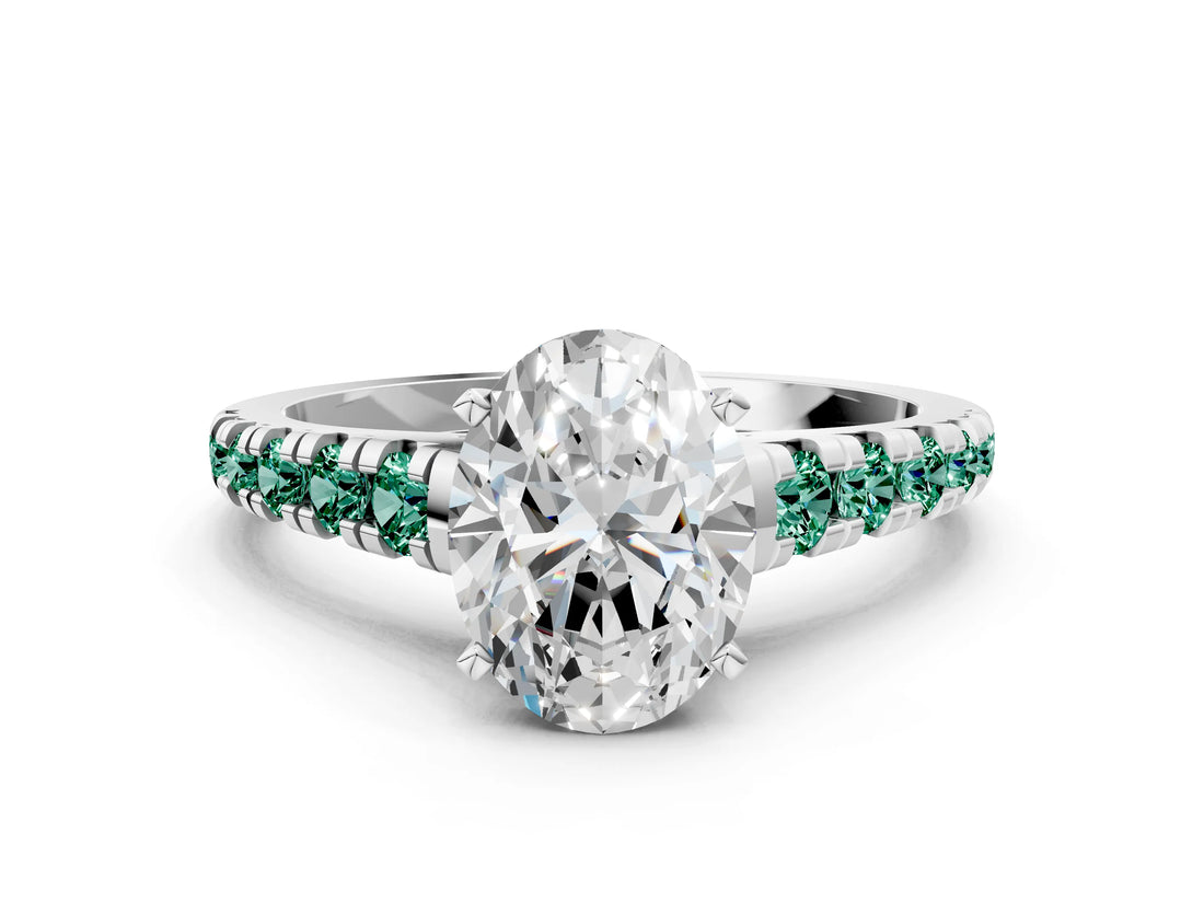 White gold Oval Cut Diamond Cathedral Solitaire Ring with Round with Green Sapphire side stone Pavé Band_12