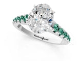 White gold Oval Cut Diamond Cathedral Solitaire Ring with Round with Green Sapphire side stone Pavé Band_13