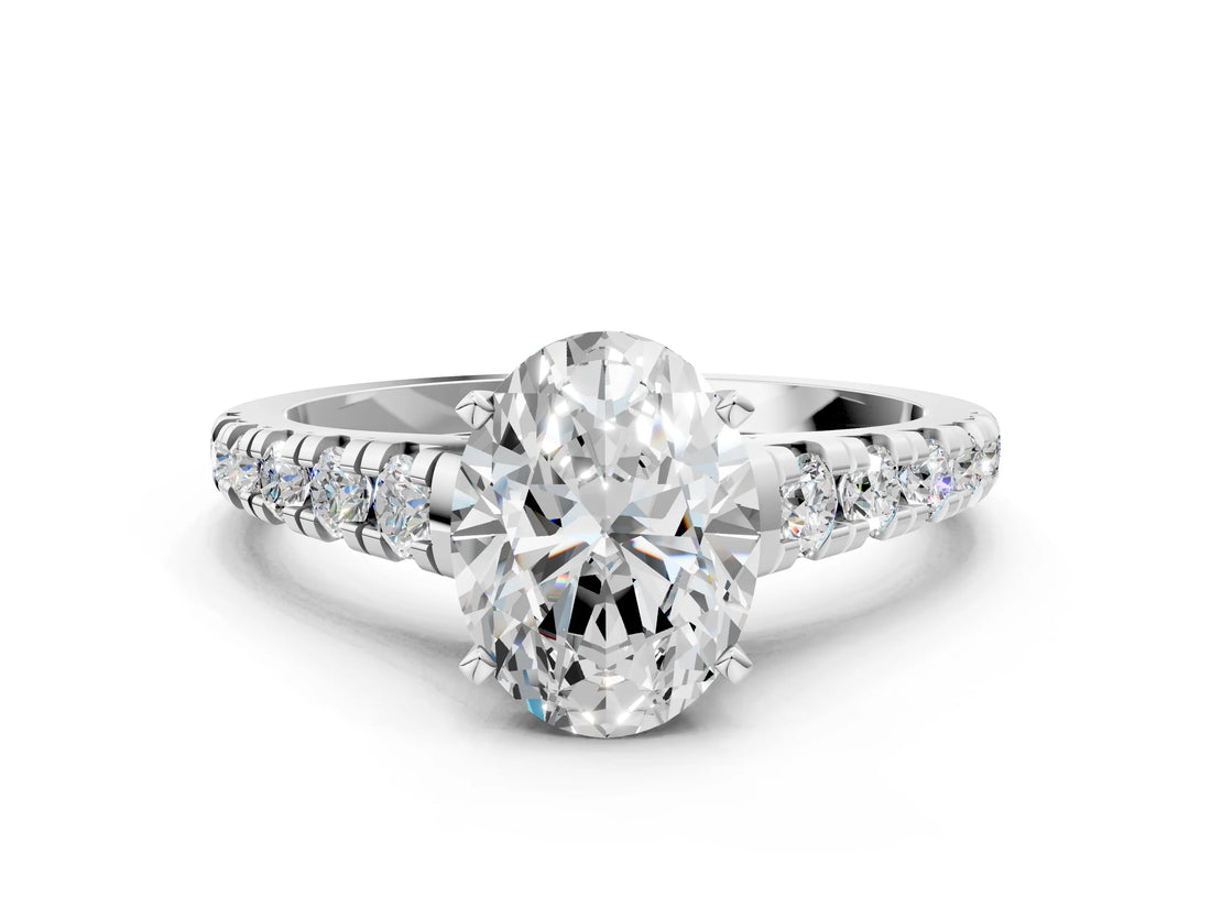 White gold Oval Cut Diamond Cathedral Solitaire Ring with Round with Moissanite side stone Pavé Band_20