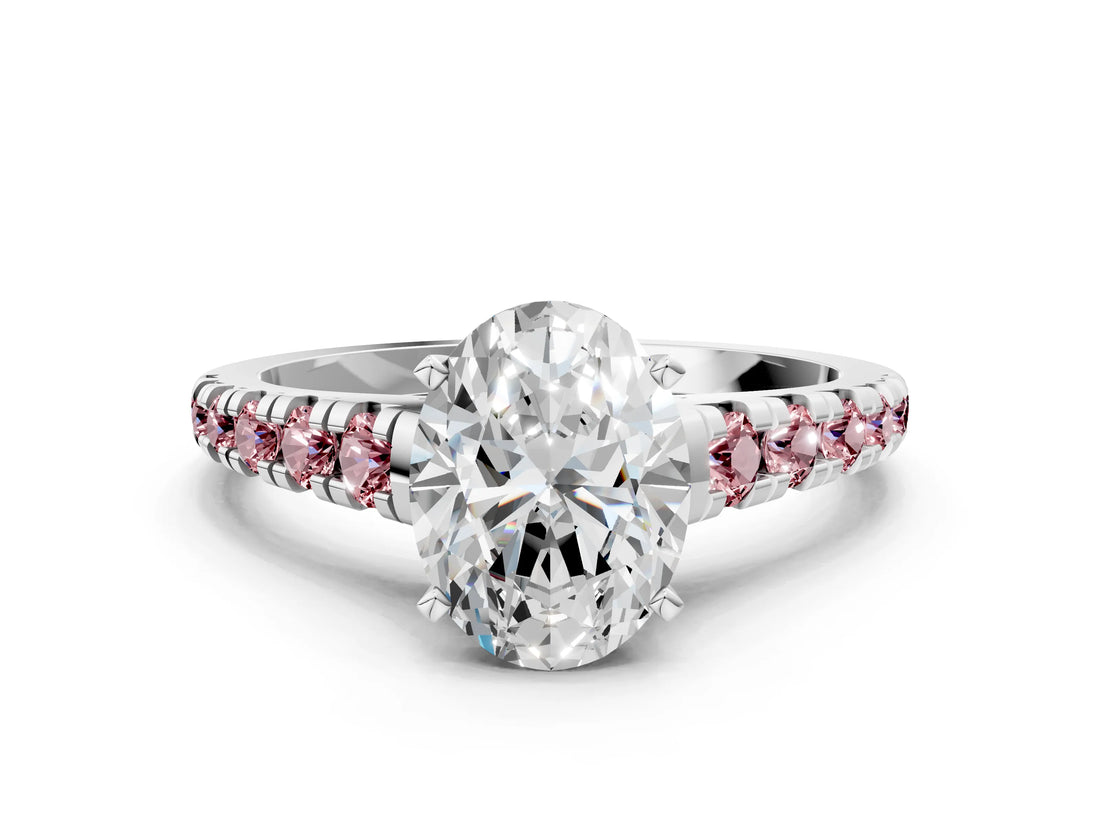White gold Oval Cut Diamond Cathedral Solitaire Ring with Round with Morganite side stone Pavé Band