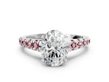 White gold Oval Cut Diamond Cathedral Solitaire Ring with Round with Morganite side stone Pavé Band