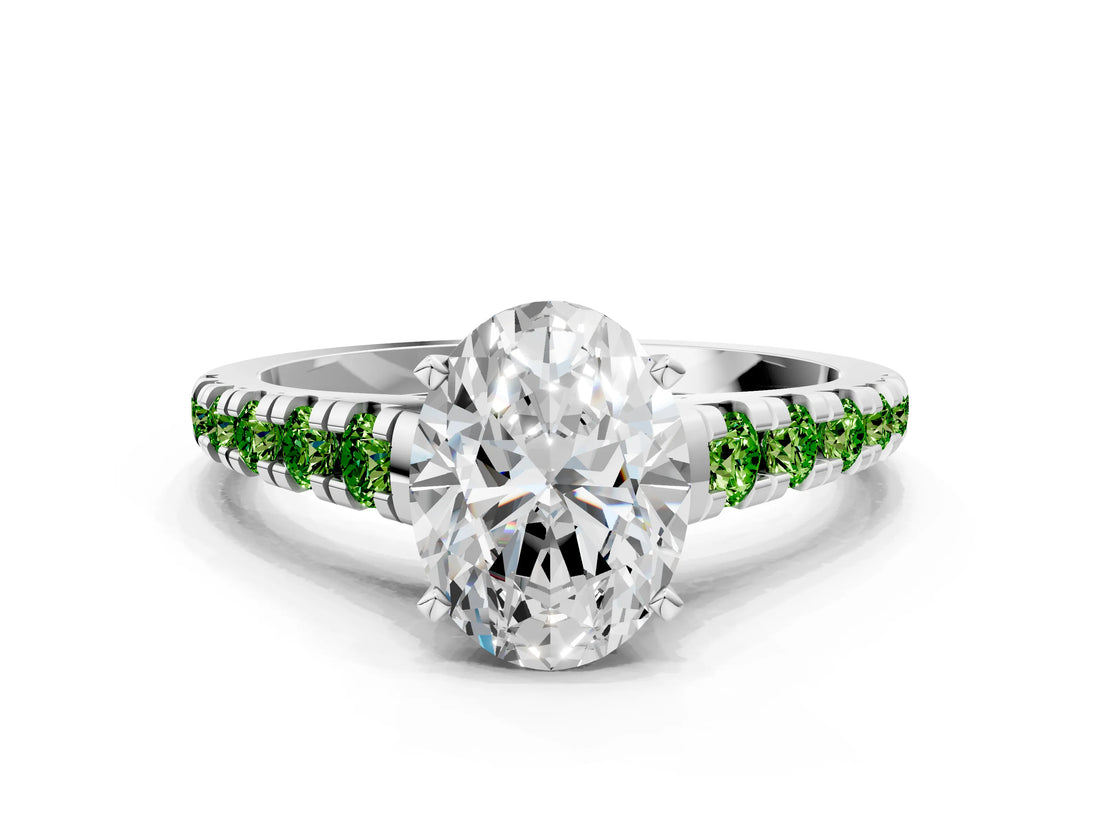 White gold Oval Cut Diamond Cathedral Solitaire Ring with Round with Peridot side stone Pavé Band