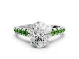 White gold Oval Cut Diamond Cathedral Solitaire Ring with Round with Peridot side stone Pavé Band