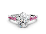 White gold Oval Cut Diamond Cathedral Solitaire Ring with Round with Pink Sapphire side stone Pavé Band_18