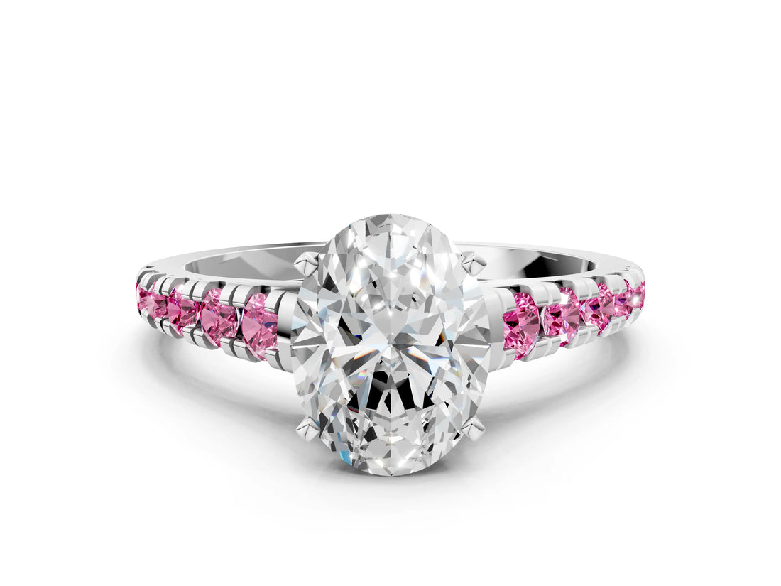 White gold Oval Cut Diamond Cathedral Solitaire Ring with Round with Pink Sapphire side stone Pavé Band_23