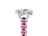 White gold Oval Cut Diamond Cathedral Solitaire Ring with Round with Pink Sapphire side stone Pavé Band_29