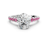White gold Oval Cut Diamond Cathedral Solitaire Ring with Round with Pink Sapphire side stone Pavé Band_35