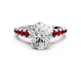White gold Oval Cut Diamond Cathedral Solitaire Ring with Round with Ruby side stone Pavé Band_36