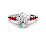 White gold Oval Cut Diamond Cathedral Solitaire Ring with Round with Ruby side stone Pavé Band_42