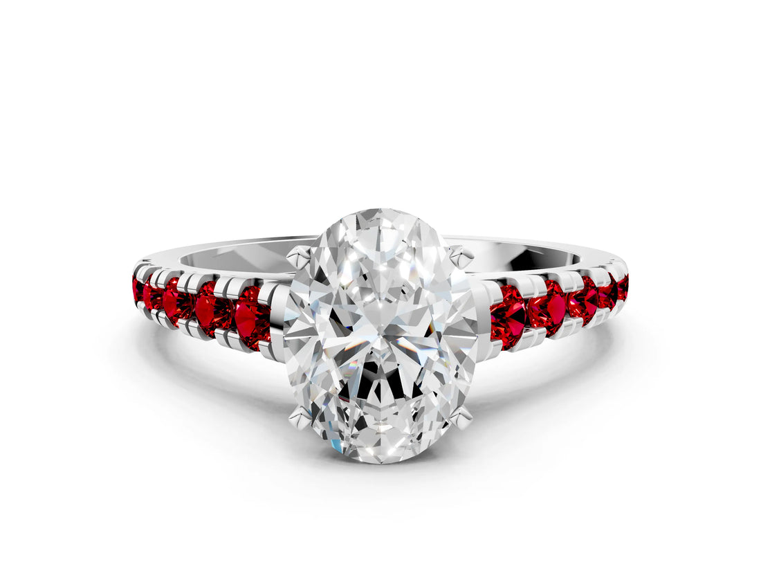 White gold Oval Cut Diamond Cathedral Solitaire Ring with Round with Ruby side stone Pavé Band_42