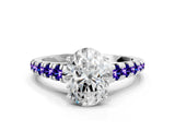 White gold Oval Cut Diamond Cathedral Solitaire Ring with Round with Tanzanite side stone Pavé Band