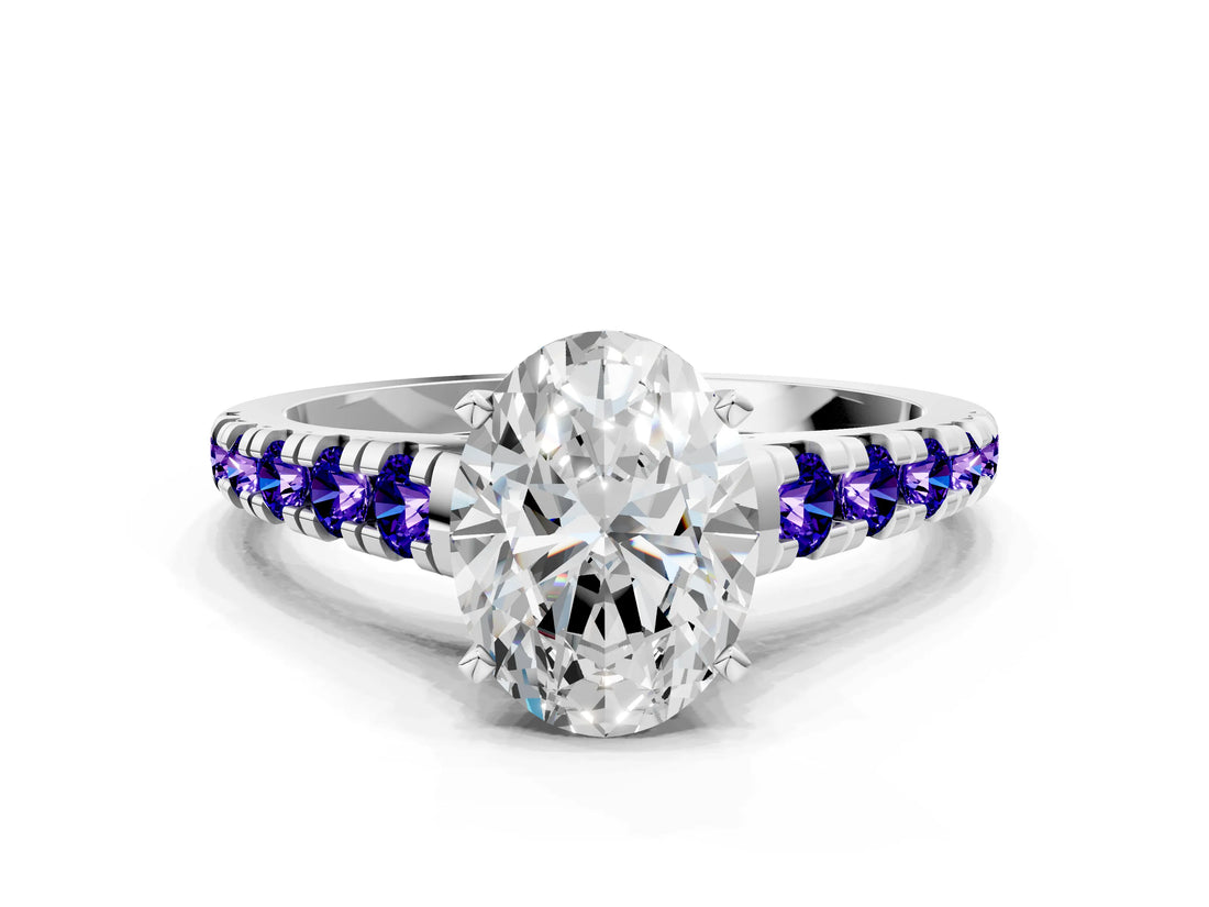 White gold Oval Cut Diamond Cathedral Solitaire Ring with Round with Tanzanite side stone Pavé Band