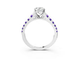 White gold Oval Cut Diamond Cathedral Solitaire Ring with Round with Tanzanite side stone Pavé Band_3