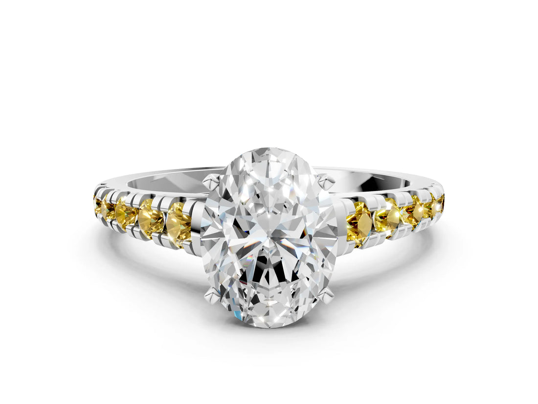 White gold Oval Cut Diamond Cathedral Solitaire Ring with Round with Yellow Sapphire side stone Pavé Band_36
