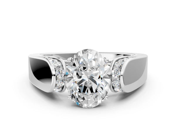 White Gold Oval Channel Set Engagement Ring Setting with Accented Shoulders on Wide Band