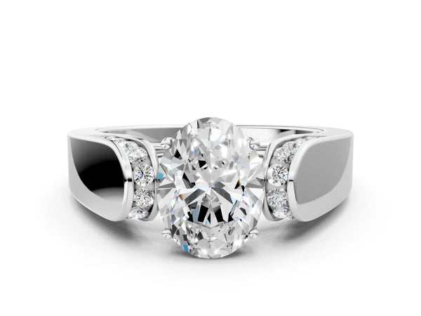 White Gold Oval Channel Set Engagement Ring Setting with Accented Shoulders on Wide Band