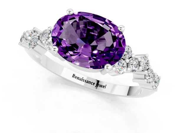 White gold Oval Cut Amethyst Scattered Round Accent Ring with Prong Setting