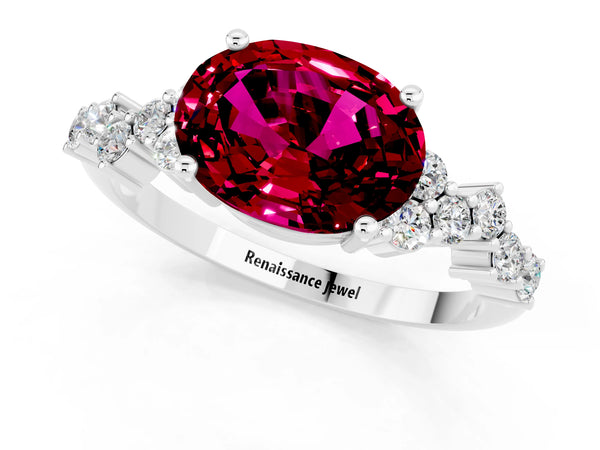 Platinum Oval Cut Garnet Scattered Round Accent Ring with Prong Setting