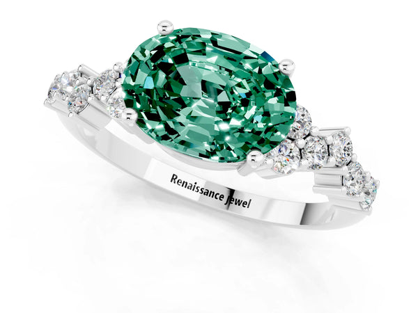 Silver Oval Cut Green Sapphire Scattered Round Accent Ring with Prong Setting