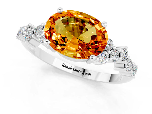 Silver Oval Cut Citrine Scattered Round Accent Ring with Prong Setting
