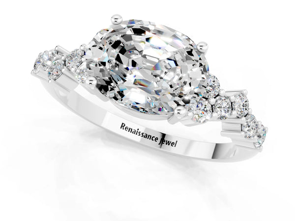 White gold Oval Cut Moissanite Scattered Round Accent Ring with Prong Setting