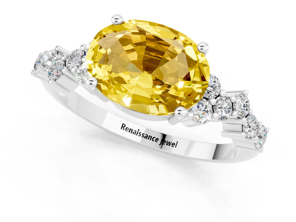 White gold Oval Cut Yellow Sapphire Scattered Round Accent Ring with Prong Setting