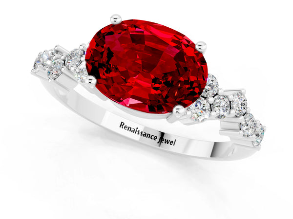 Silver Oval Cut Ruby Scattered Round Accent Ring with Prong Setting