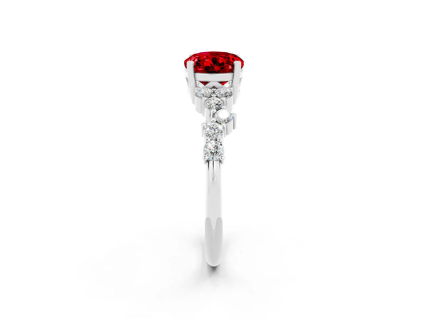 Silver Oval Cut Ruby Scattered Round Accent Ring with Prong Setting