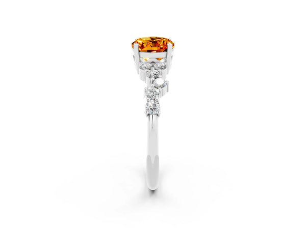 Platinum Oval Cut Citrine Scattered Round Accent Ring with Prong Setting