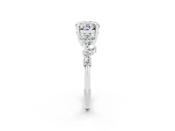 Silver Oval Cut Moissanite Scattered Round Accent Ring with Prong Setting