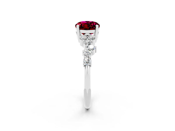 Silver Oval Cut Garnet Scattered Round Accent Ring with Prong Setting
